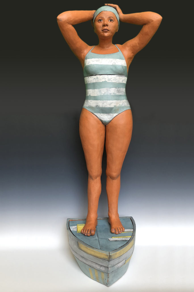 Swimmer - Red Clay - Figurative Ceramic Sculpture by Edrian Thomidis